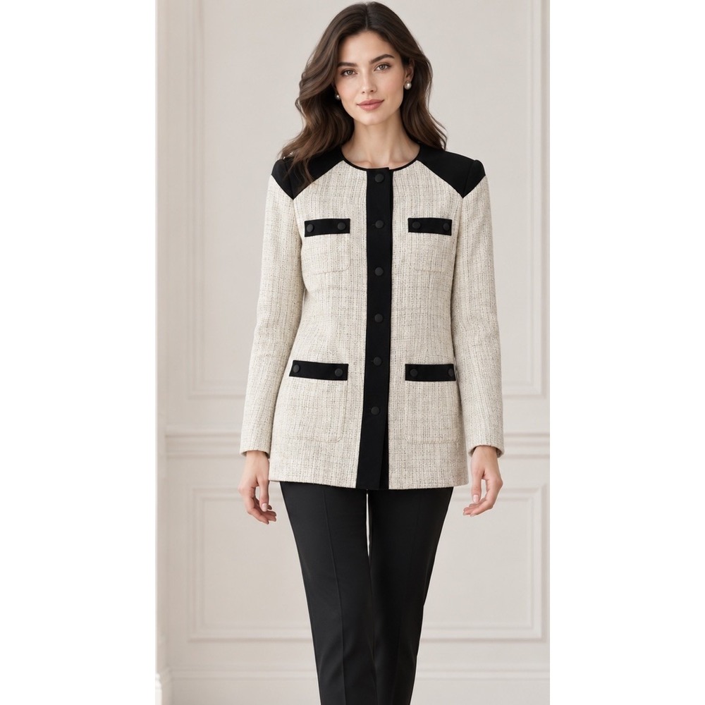 Vtg Y2K NWT BCBG Paris Long Tweed Jacket Black Trim Classic Old Money Size 4
